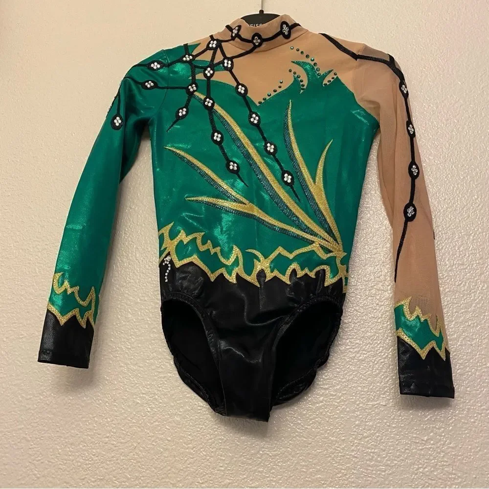 Illusion Custom gymnastics competition leotard rhythmic green rhinestone LC